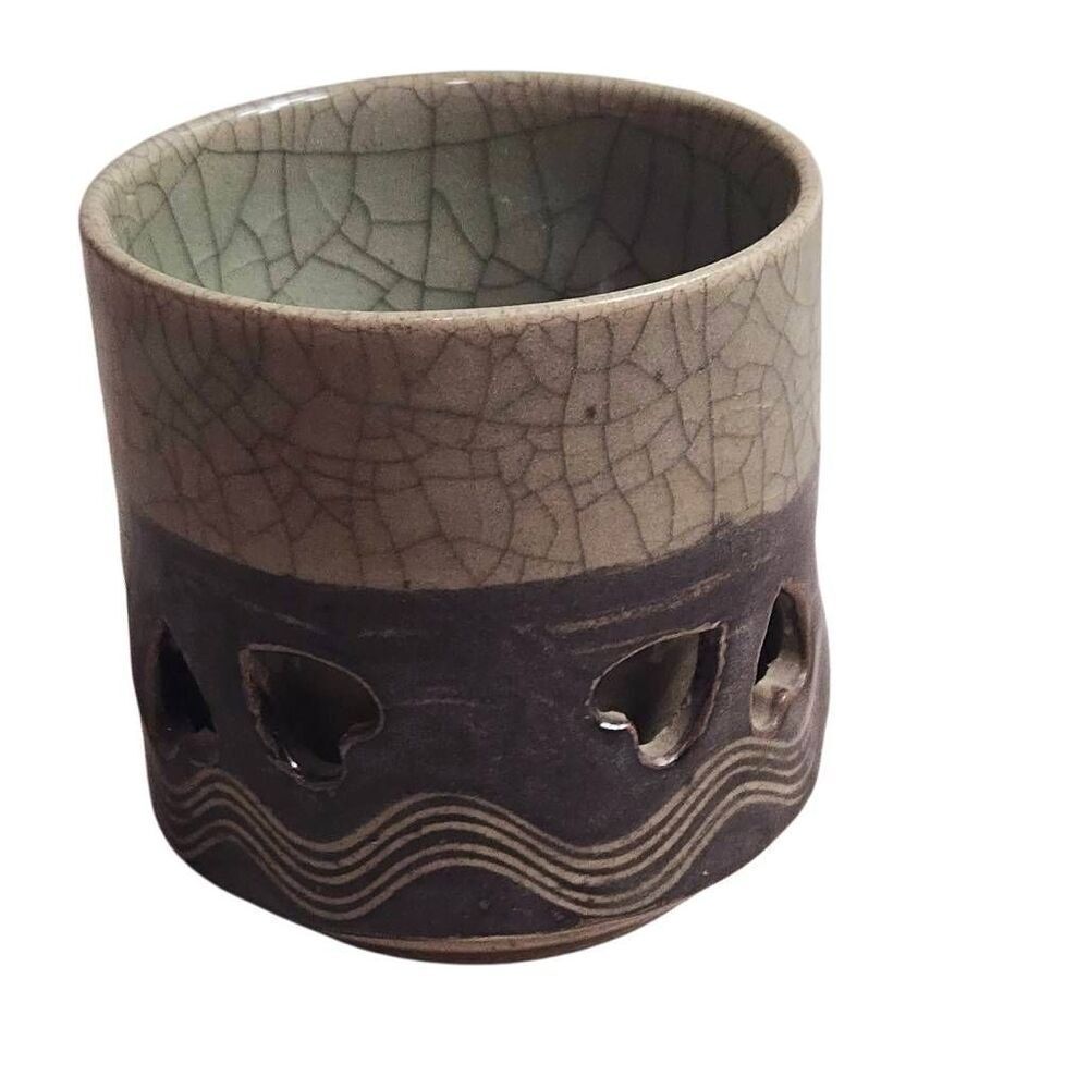 Obori Somayaki Soma Ware Double Wall Crackle Green Tea Cup Heart